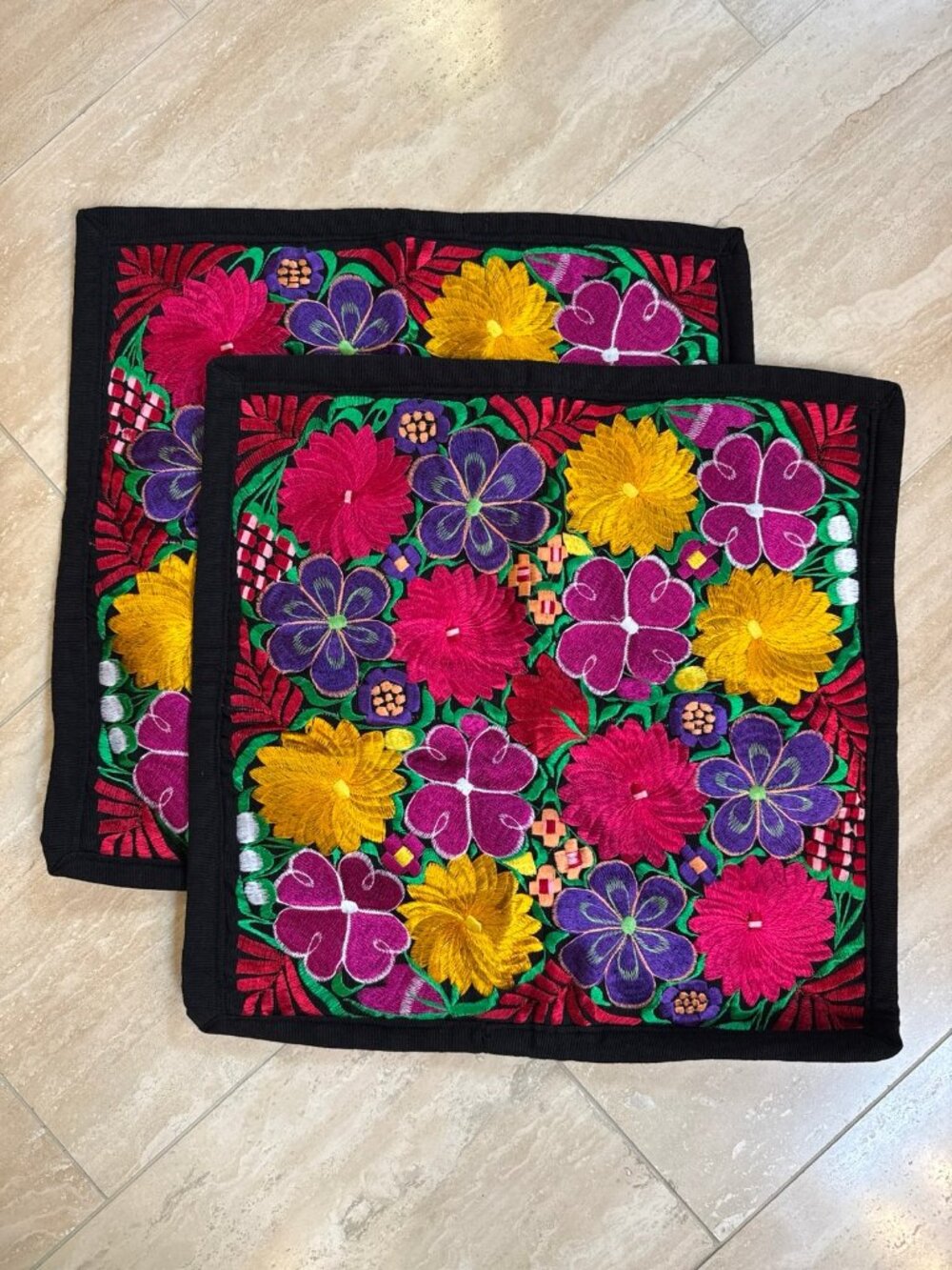 Authentic Mexican Embroidered Throw Pillow Covers 19.5” Square